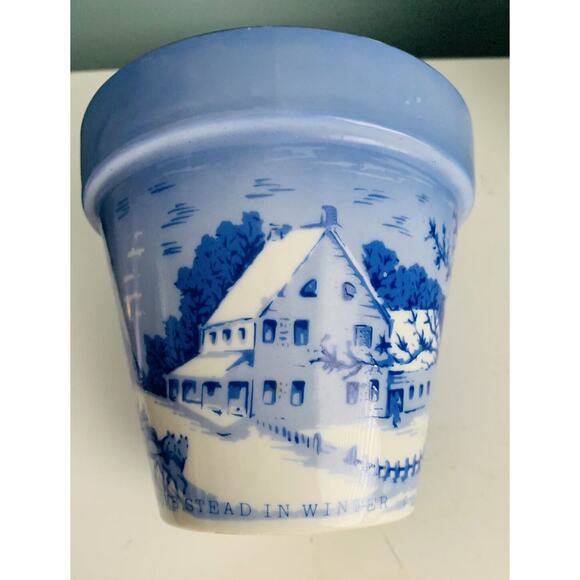 VintageCurrier & Ives The Old Homestead In Winter Ceramic Planter Pot Blue White - Picture 3 of 11